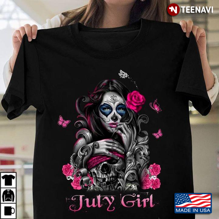July Girl Sugar Skull Girl and Pink Rose Birthday Gift for Girl