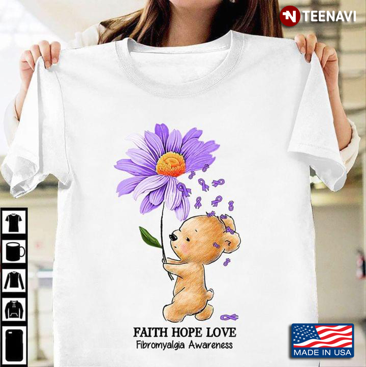 Faith Hope Love Fibromyagia Awareness Teddy Bear and Purple Flower