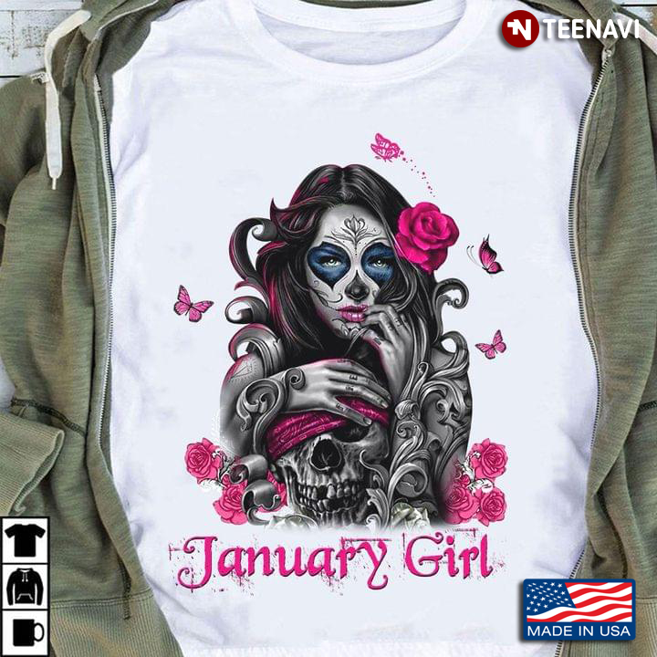 January Girl Pretty Sugar Skull Girl and Pink Roses Birthday Gift for Girl