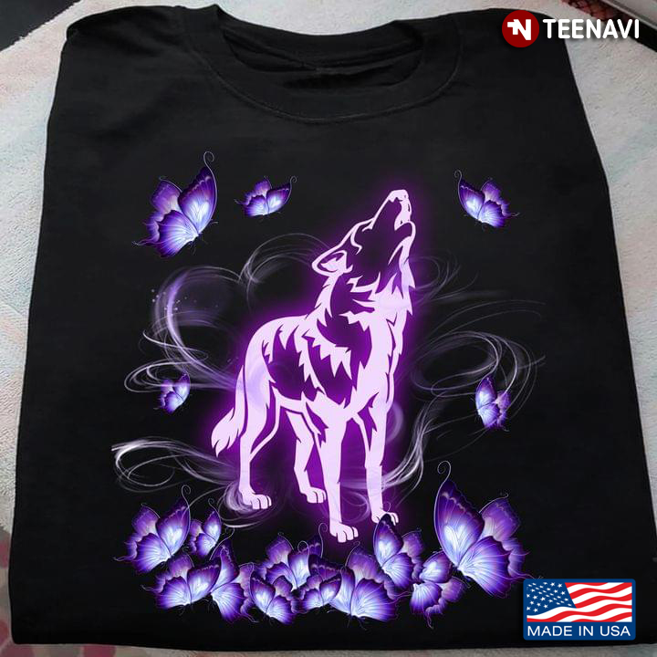 Wolf and Butterflies in Purple Magical Light for Animal Lover