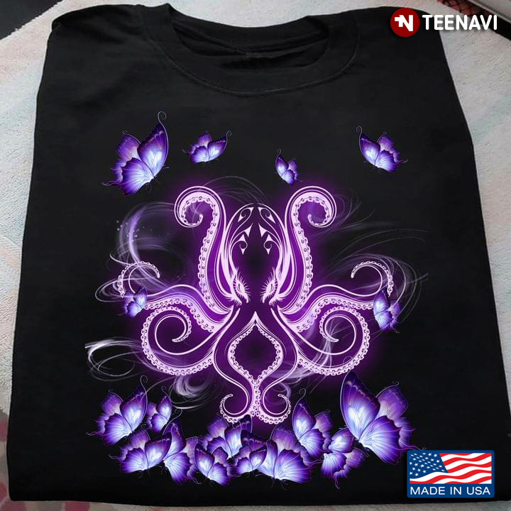 Octopus and Butterflies in Purple Magical Light for Animal Lover