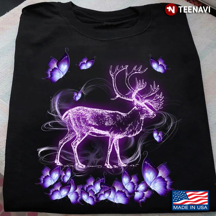 Deer and Butterflies in Purple Magical Light for Animal Lover