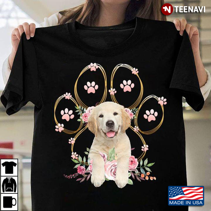 Golden Retriever Puppy and Floral Dog Paw Adorable Design for Dog Lover