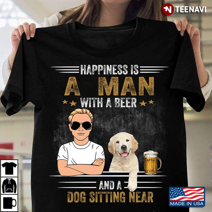 Happiness is A Man with A Beer and A Dog Sitting Near Golden Retriever Puppy