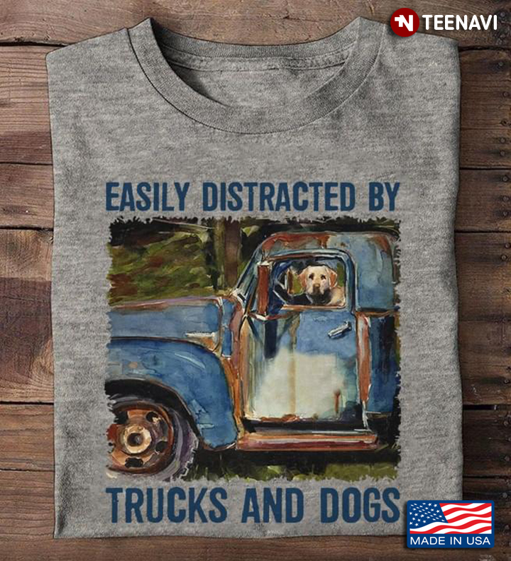 Easily Distracted By Trucks and Dogs Drawing of Blue Car and Labrador Retriever