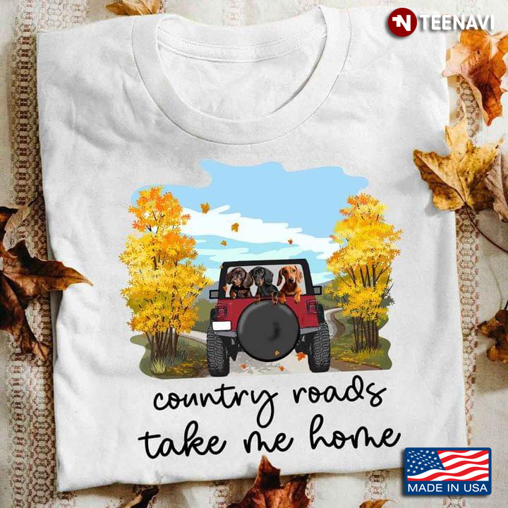 Country Roads Take Me Home Dachshunds on Red Car and Autumn Trees