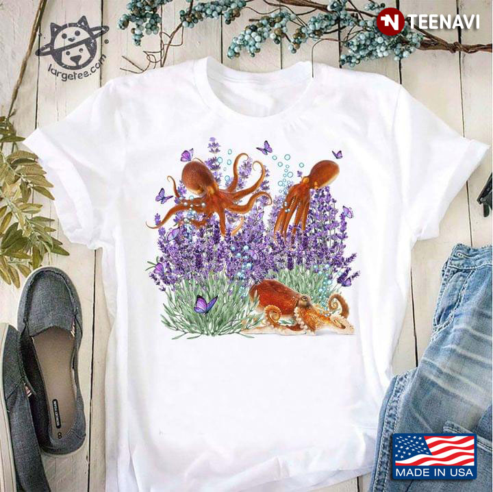Three Octopus With Lavenders And Butterflies For Animal Lover