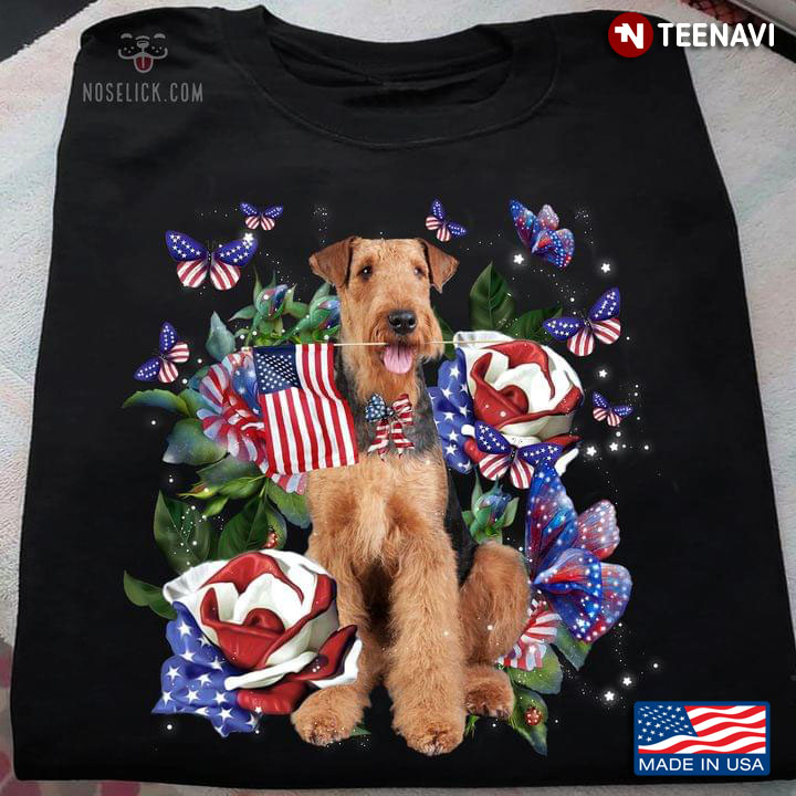 Airedale Terrier With American Flag Roses Happy Independence Day For 4th Of July