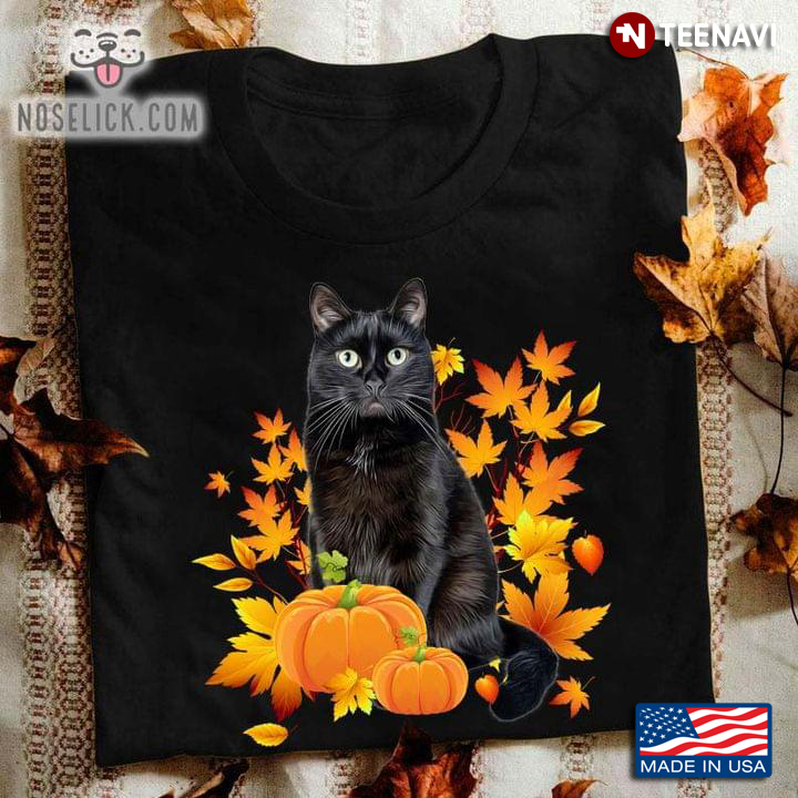 Fall Black Cat Mapple Leaves With Pumpkin Harvest