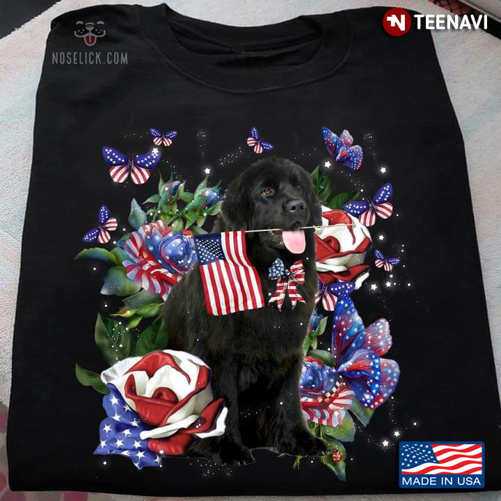 Newfoundland Dog Butterflies Flowers And American Flag Happy Independence Day For 4th Of July
