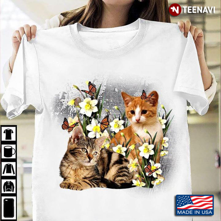 Two Cats Butterflies And Flowers For Cat Lover