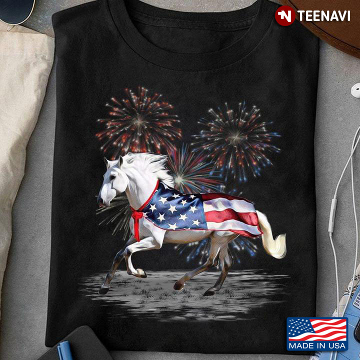 Horse American Flag And Fireworks Happy Independence Day For 4th Of July