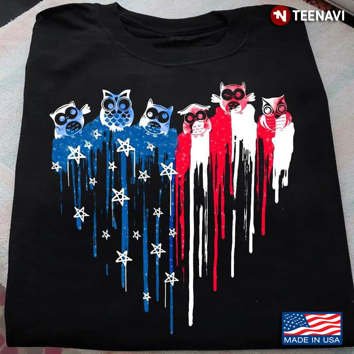 Funny Owls Heart American Flag For Animal Lover