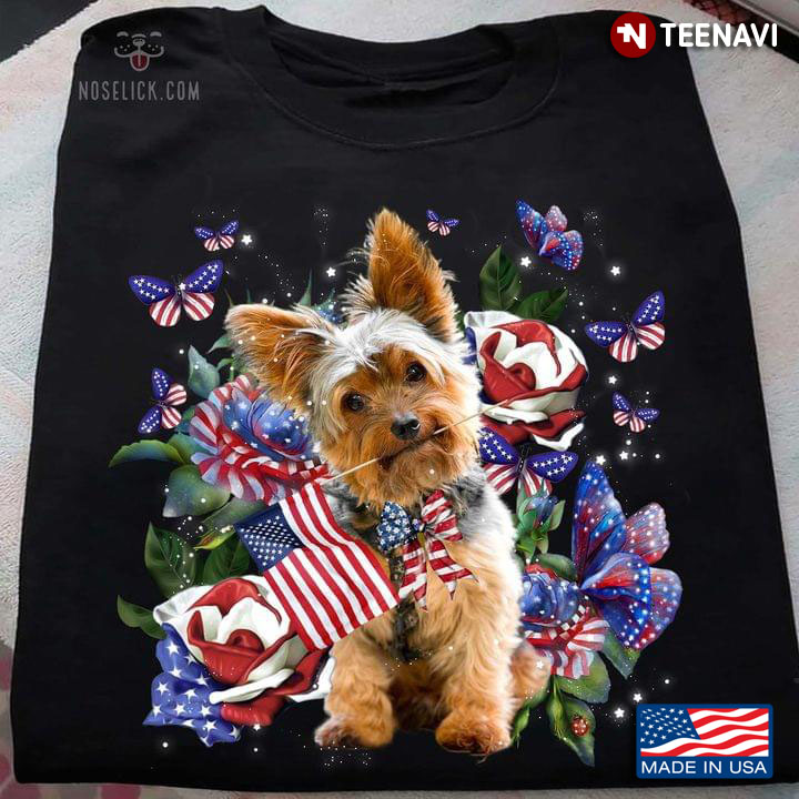 Yorkshire Terrier With American Flag Roses Happy Independence Day For 4th Of July