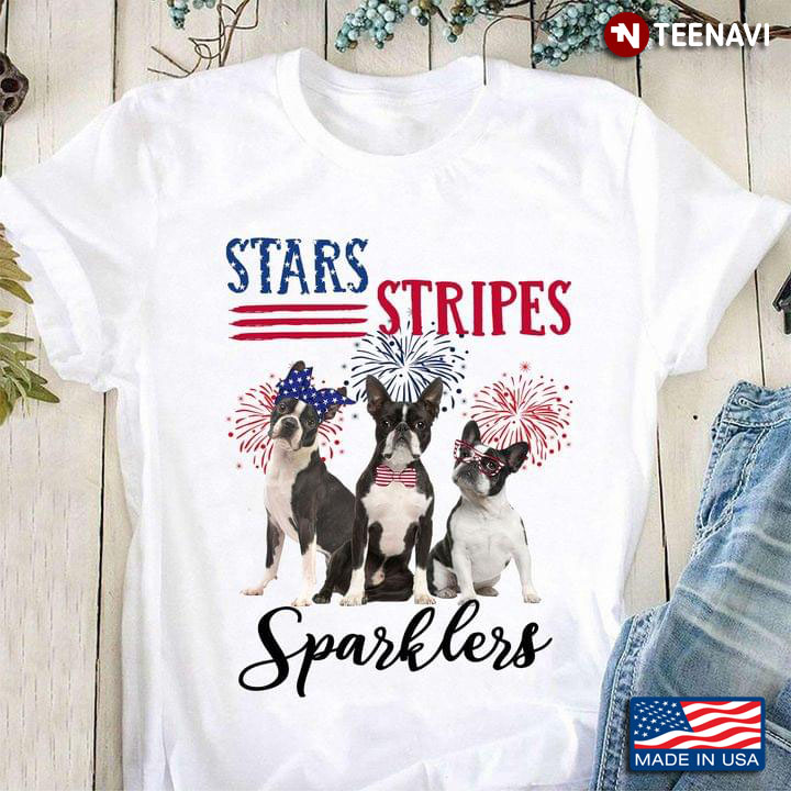 Boston Terrier And Fireworks Stars Stripes Sparklers Happy Independence Day For 4th Of July