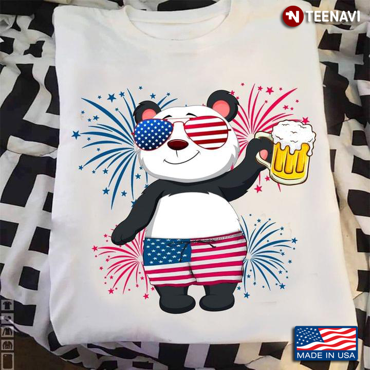 Panda With Beer And Fireworks Happy Independence Day For 4th Of July