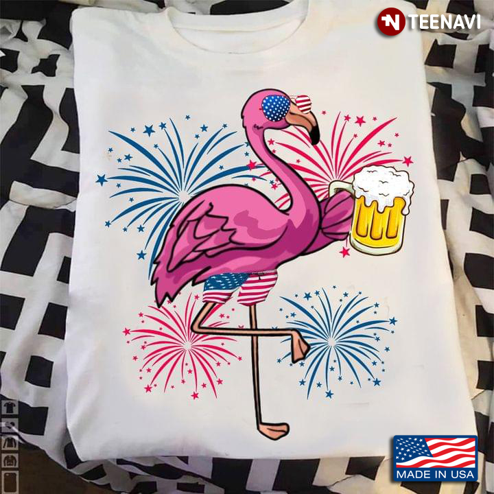 Flamingo With Beer And Fireworks Happy Independence Day For 4th Of July