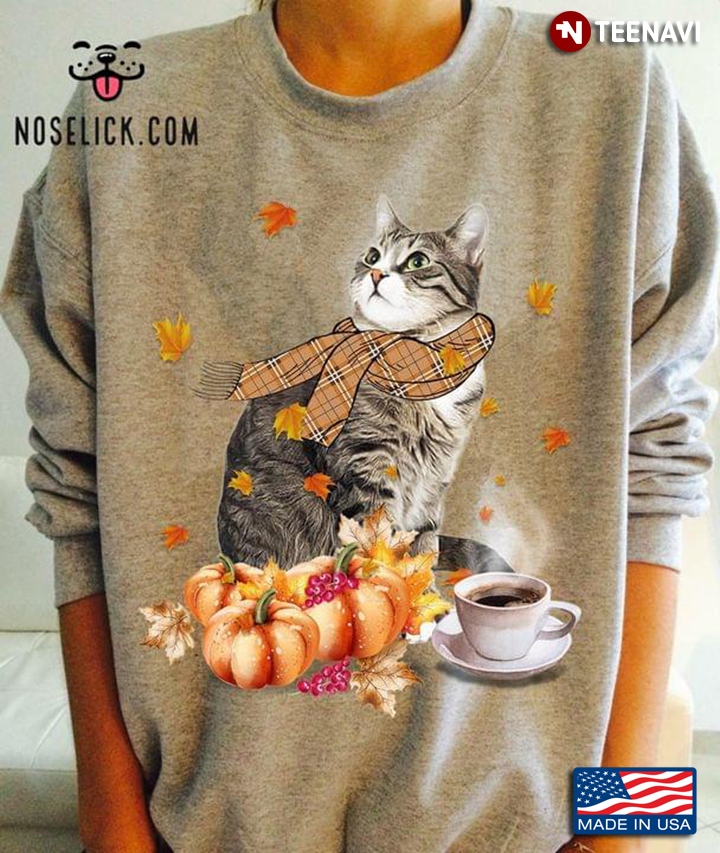 Lovely Cat With Coffee And Pumpkins