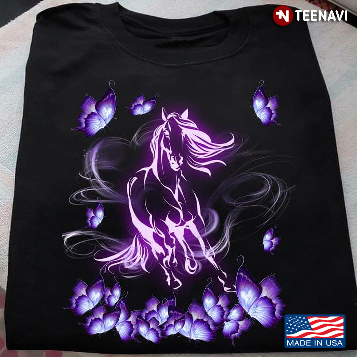 Horse Neon And Butterflies For Animal Lover
