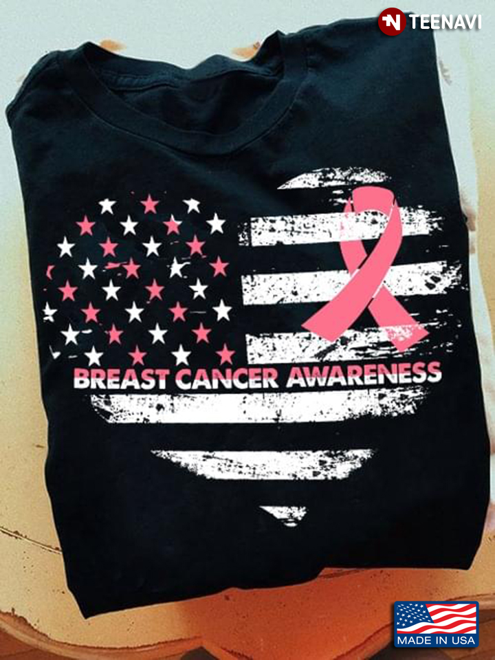 Breast Cancer Awareness American Flag Heart With Pink Ribbon
