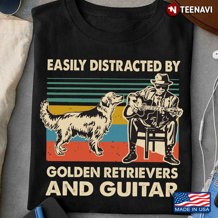 Vintage Easily Distracted By Golden Retrievers And Guitar