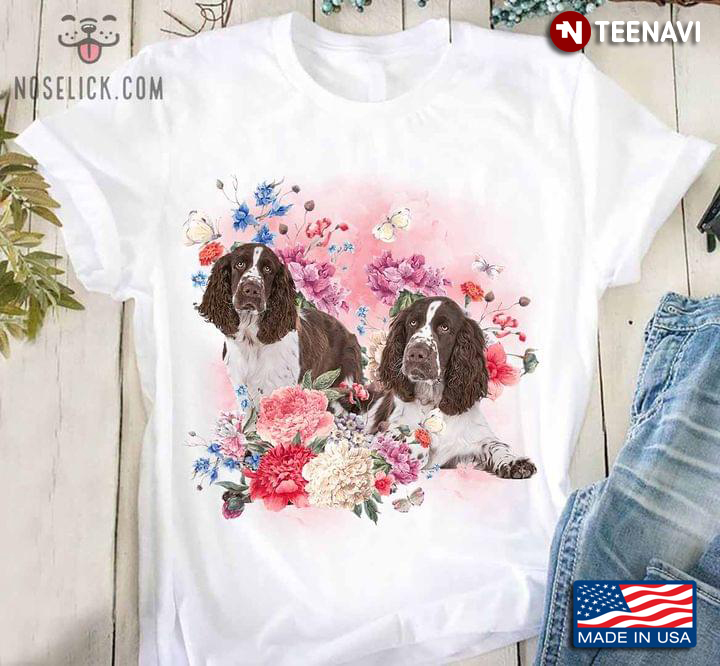 Two English Springer Spaniels Butterflies And Flowers For Dog Lover