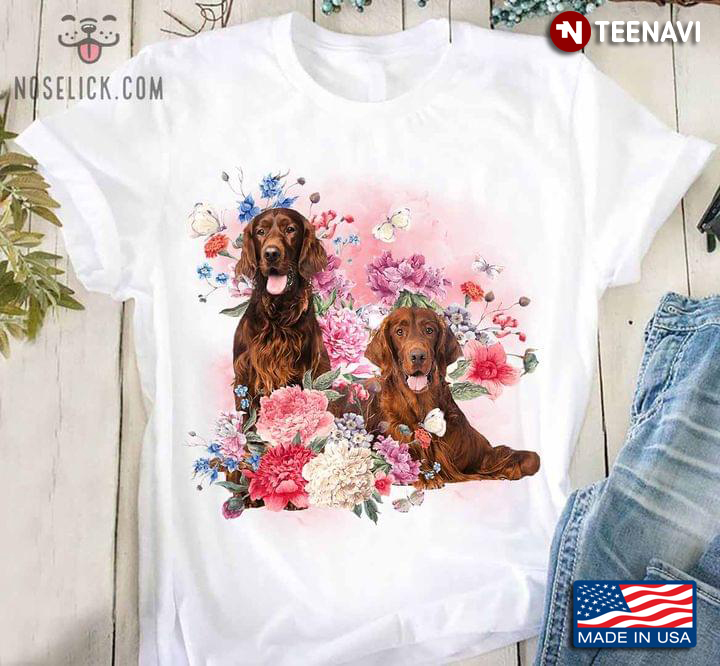 Two Irish Setter Dogs Butterflies And Flowers For Dog Lover