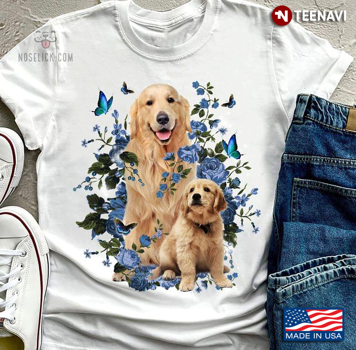 Two Golden Retrievers Butterflies And Flowers For Dog Lover