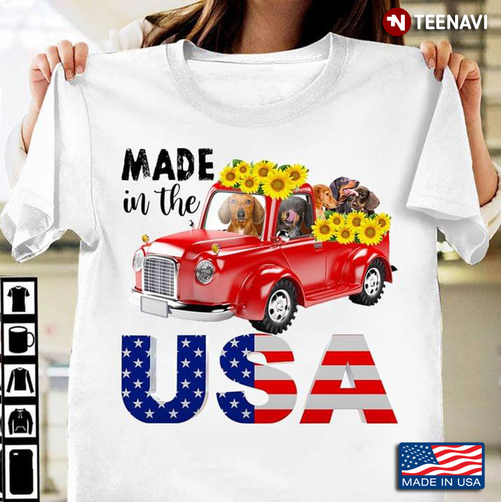 Made In The USA Dachshunds And Sunflowers In Red Car For 4th Of July