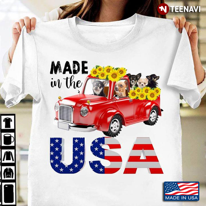 Made In The USA Chihuahuas And Sunflowers In Red Car For 4th Of July