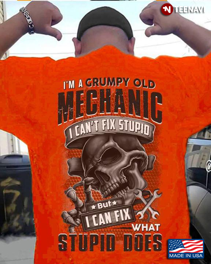 Skull I'm A Grumpy Old Mechanic I Can't Fix Stupid But I Can Fix What Stupid Does