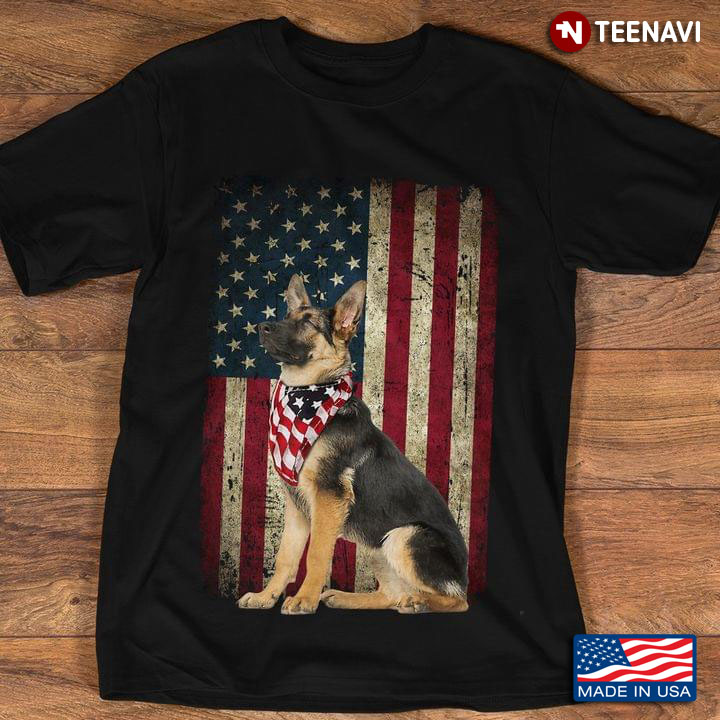 Patriotic German Shepherd Dog And American Flag For 4th of July