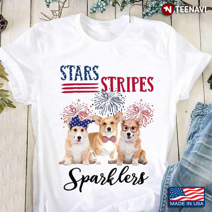 Welsh Corgis Stars Stripes Sparklers Happy 4th of July With American Flag