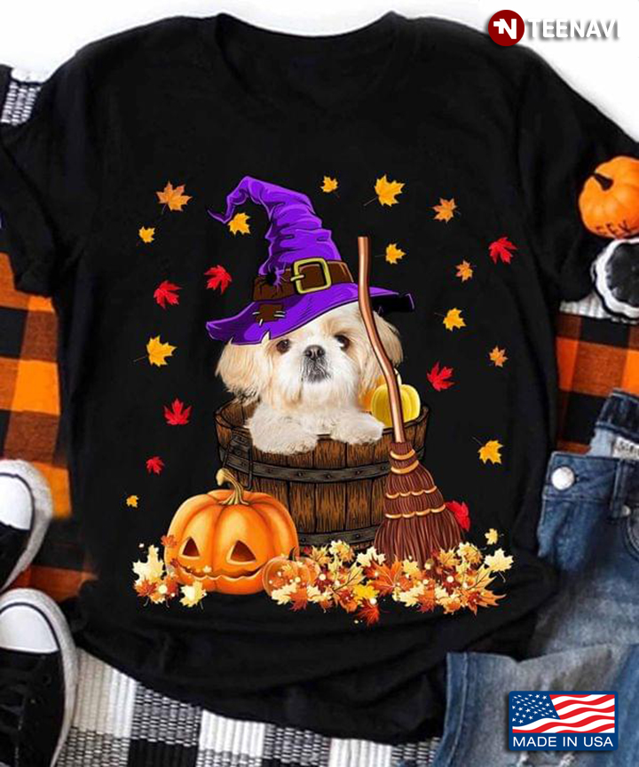 Shih Tzu Witch With Pumpkin And Autumn Happy Halloween