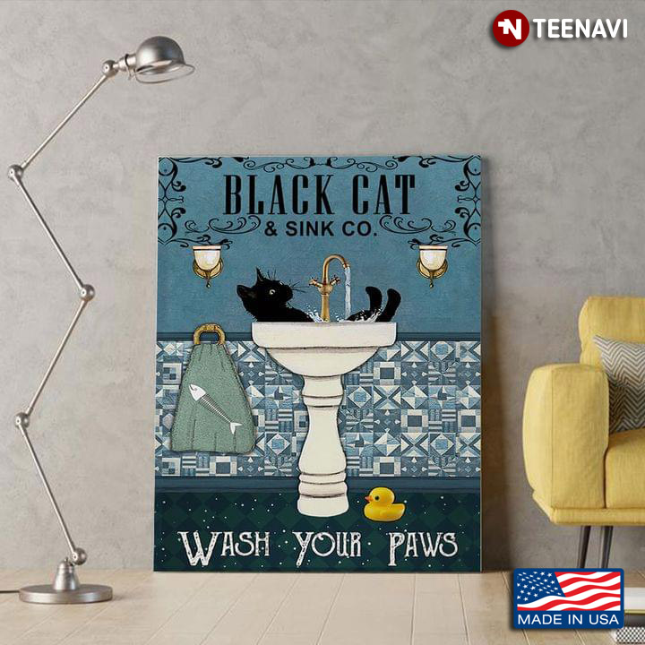 Vintage Black Cat Taking Bath In Sink & Little Duck Black Cat & Sink Co. Wash Your Paws