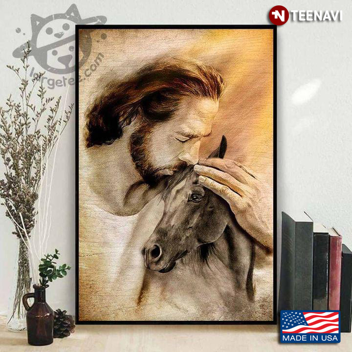 Vintage Jesus Christ Kissing Horse Painting