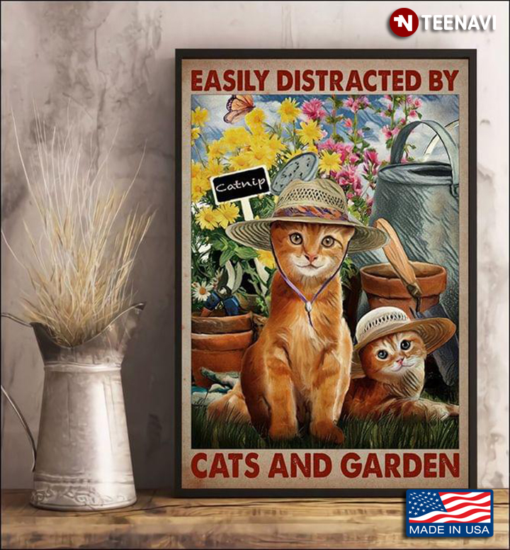 Vintage Two Adorable Cats Wearing Hats Sitting In The Garden Easily Distracted By Cats & Garden