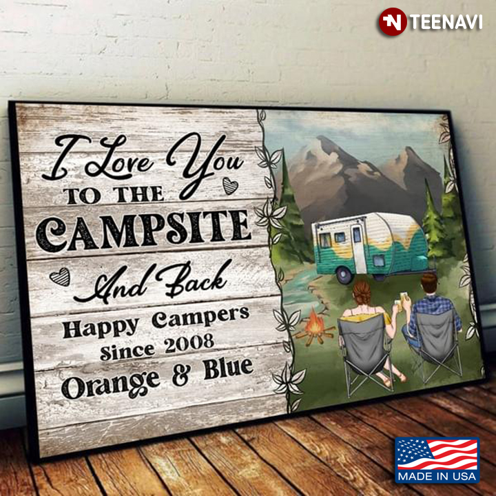 Vintage Customized Name & Happy Campers With Beer Mugs Sitting In Front Of Burning Camp Fire I Love You To The Campsite And Back