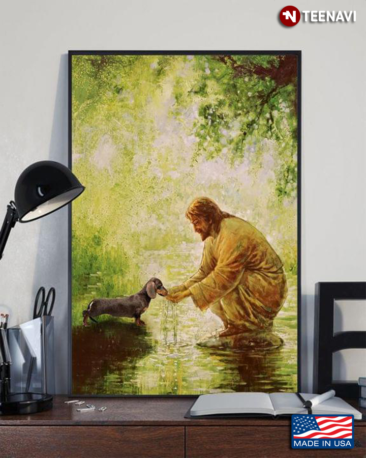 Jesus Christ Squatting On A Rock Giving A Drink Of Water To A Dachshund In His Two Hands