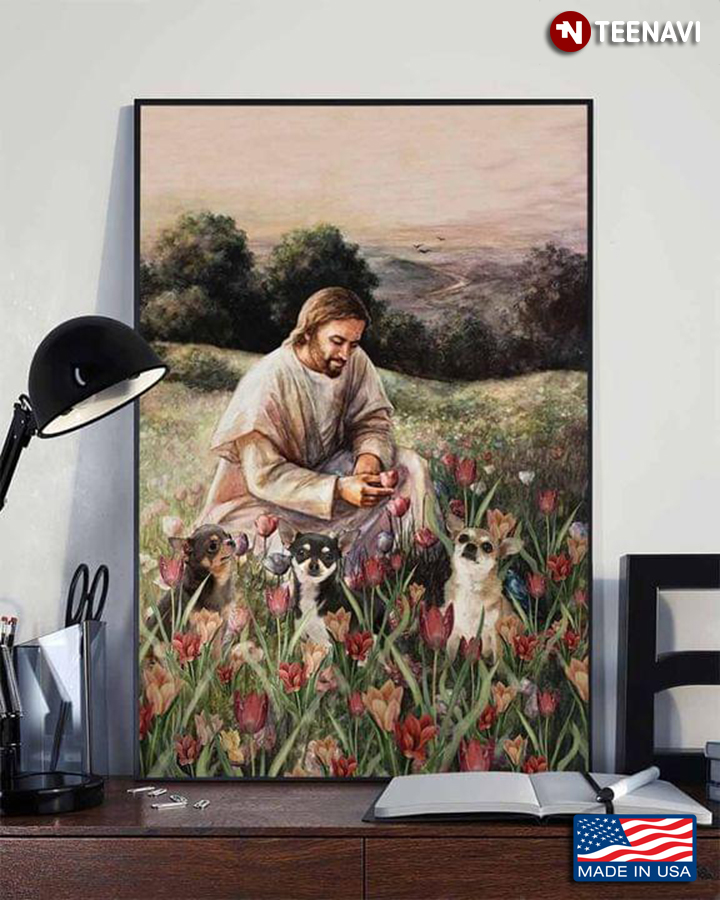 Jesus Christ And Chihuahua Dogs Playing In Flower Garden