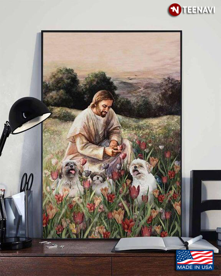 Jesus Christ And Shih Tzu Dogs Playing In Flower Garden