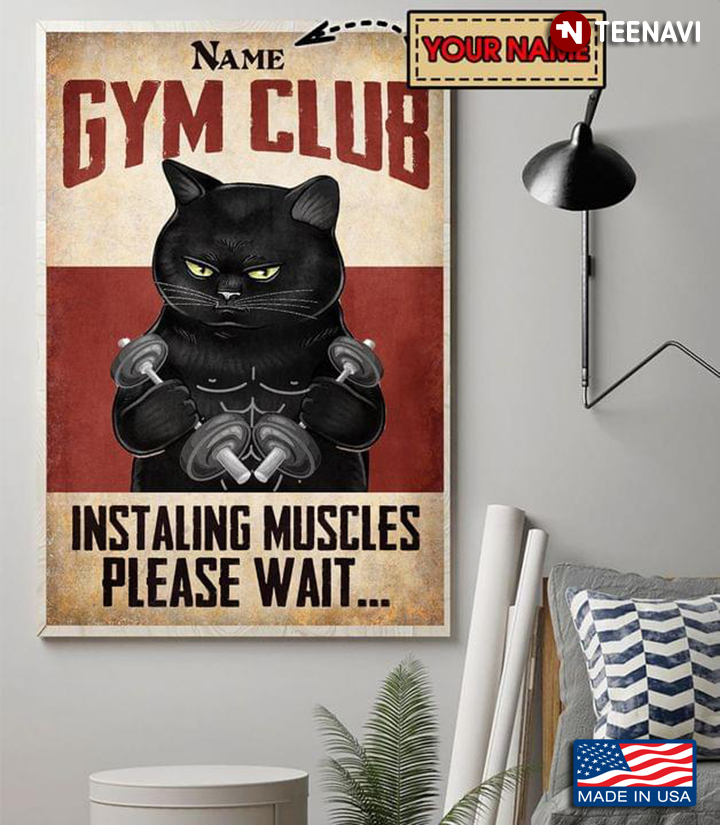 Vintage Customized Name Black Cat Lifting Weights Gym Club Instaling Muscles Please Wait