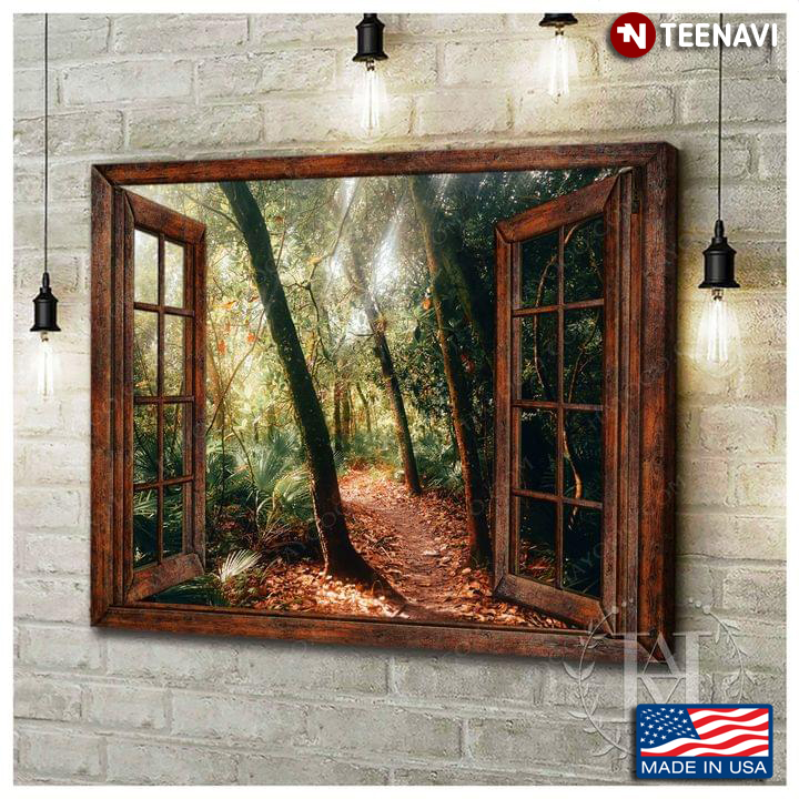 Vintage Window Frame Of Beautiful Forest With Bright Sunlight Through Trees
