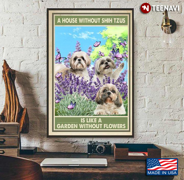 Vintage Shih Tzu Dogs With Purple Butterflies In Lavender Garden A House Without Shih Tzus Is Like A Garden Without Flowers