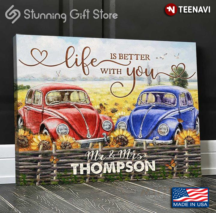 Vintage Customized Name Red Car & Blue Car In Sunflower Field Painting Life Is Better With You