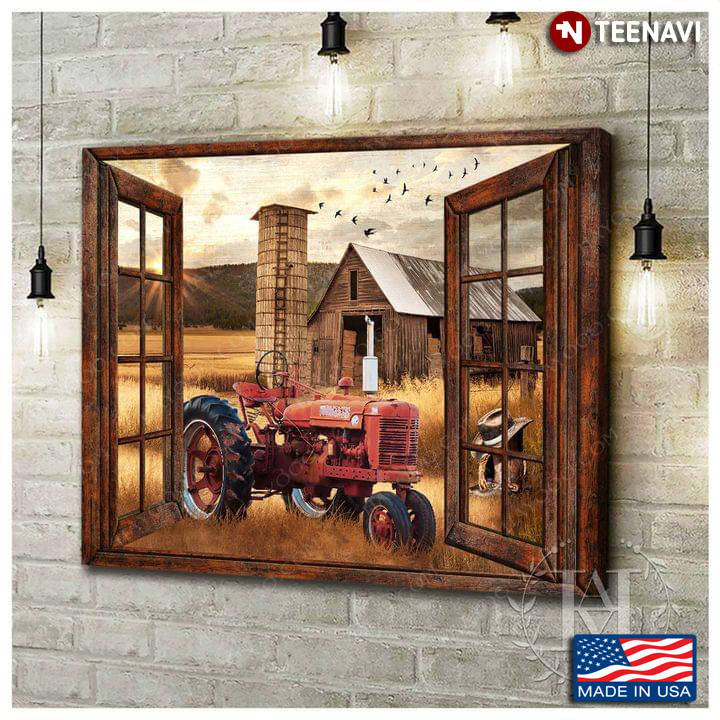 Vintage Window Frame With Red Tractor On Farm