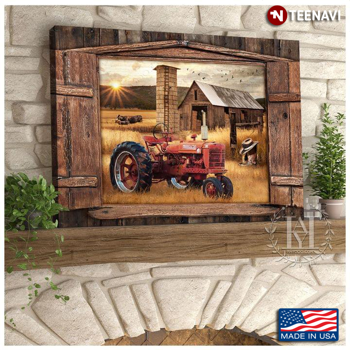 Vintage Old Barn Door With Cows And Red Tractor On Farm