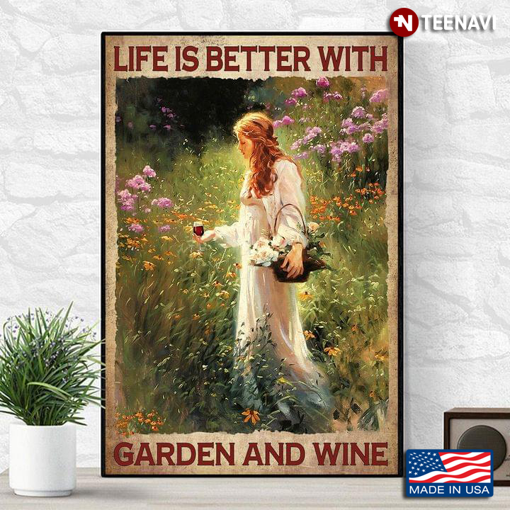 Vintage Girl With Red Wine Glass Enjoying Flower’s Beauty Life Is Better With Garden And Wine