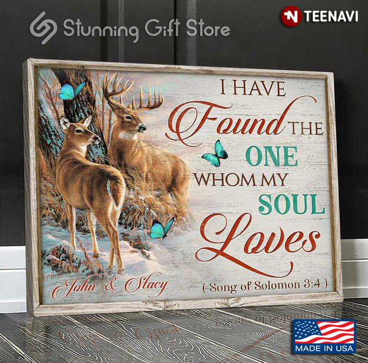 Vintage Customized Name Deer Couple & Blue Butterflies In Snow Song Of Solomon 3:4 I Have Found The One Whom My Soul Loves