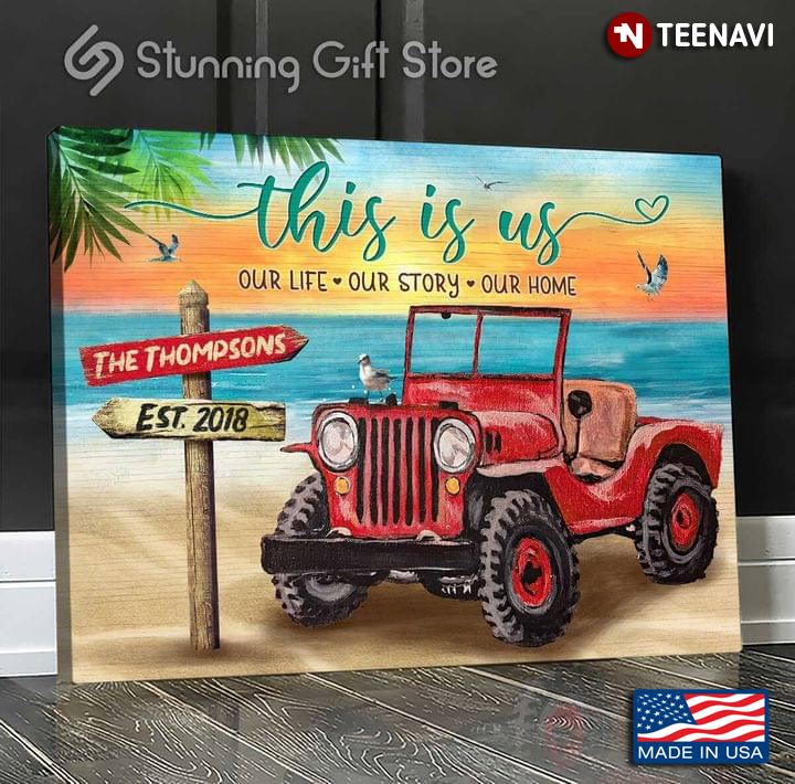 Vintage Customized Name & Year Red Jeep On Sandy Beach This Is Us Our Life Our Story Our Home